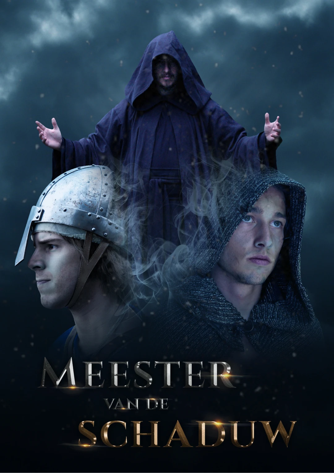 Book cover with three people, one knight, one archer, and one wizard in front of a snowy dark background