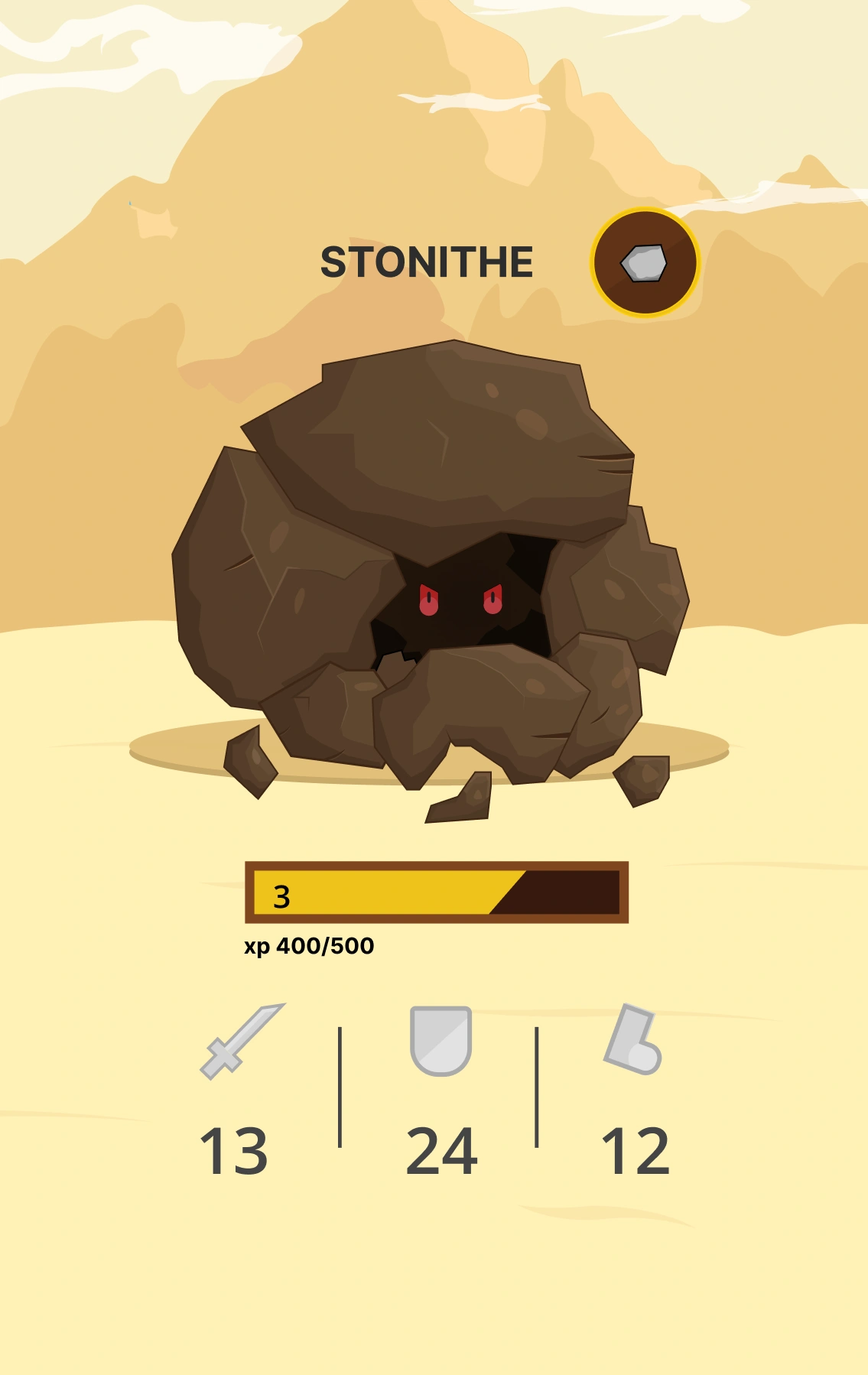 A 2D stone monster with glowing eyes