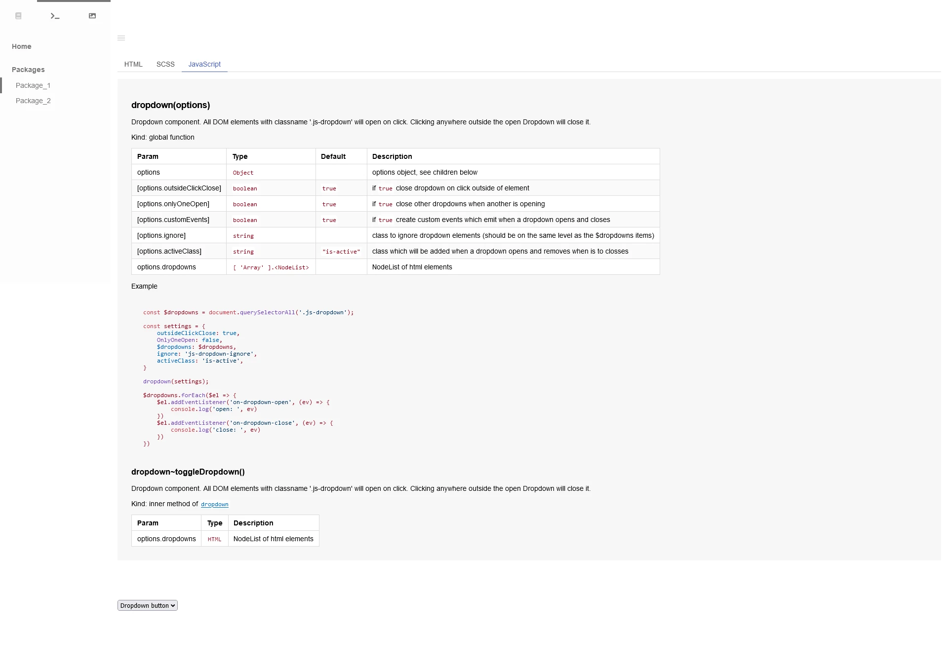 Dashboard of the showing a specific component its documentation and demo