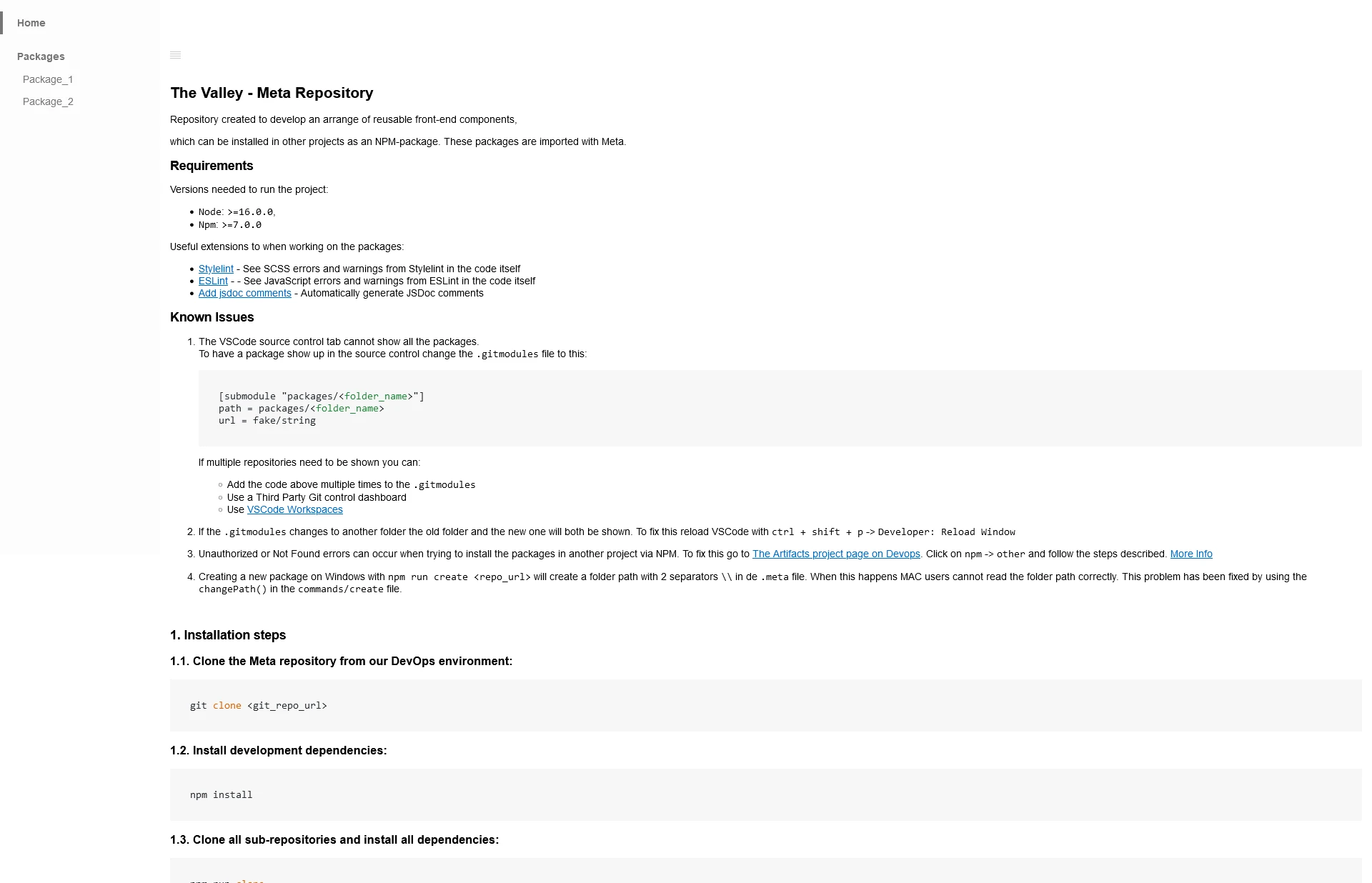 Dashboard homepage showing the documentation and list of components in the library