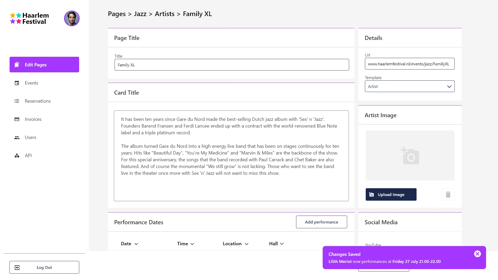 Dashboard where users can check and change the Jazz artist details