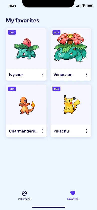 Favorite page where users can add their favorite pokemon