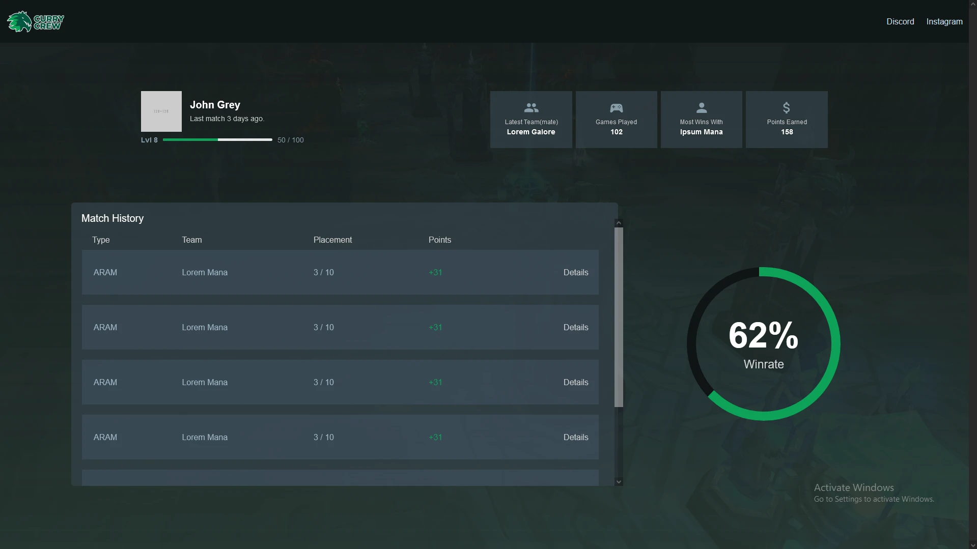 Dashboard where users can check their win ratio and match history