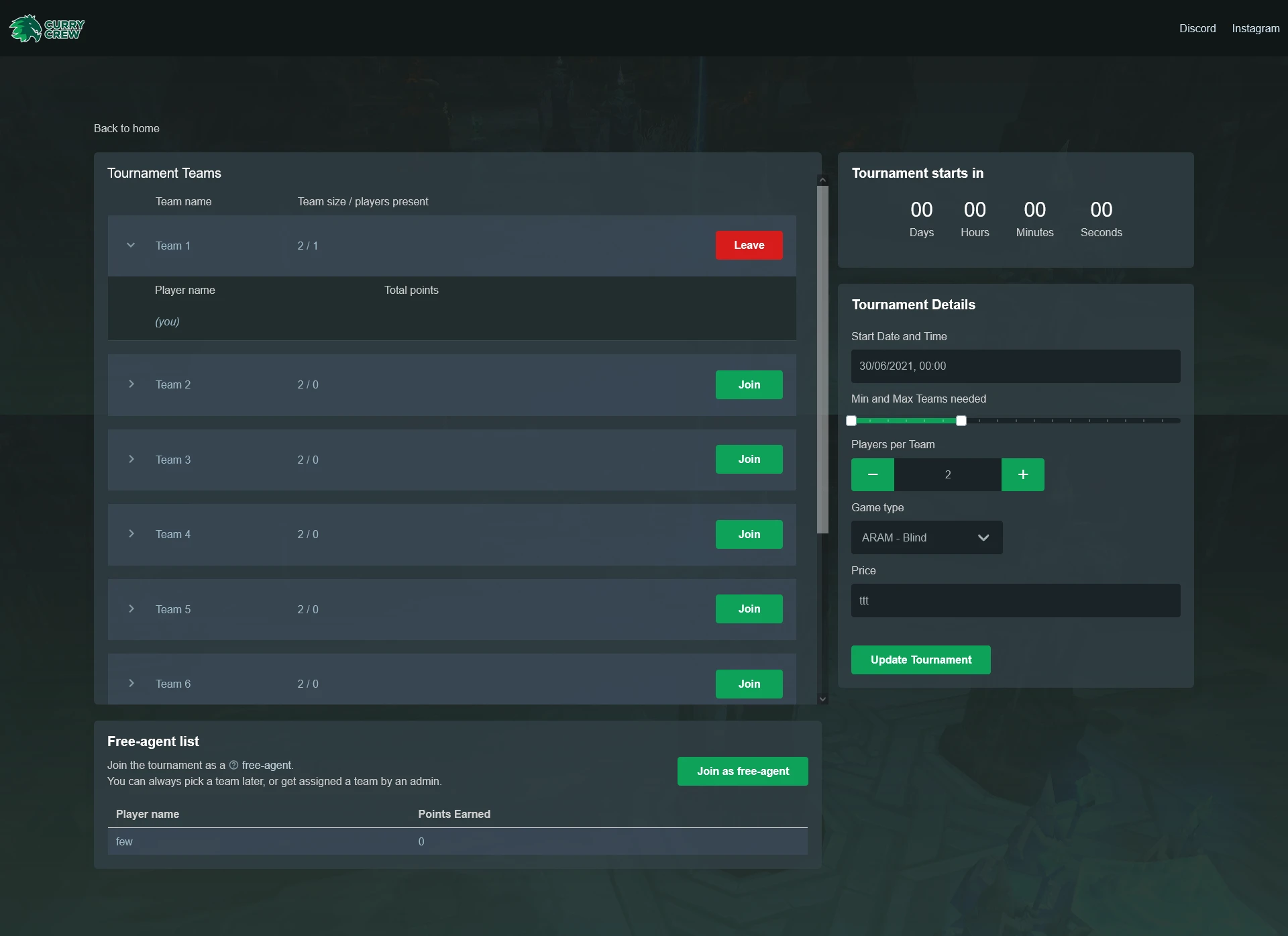 Dashboard where users can check their win ratio and match history